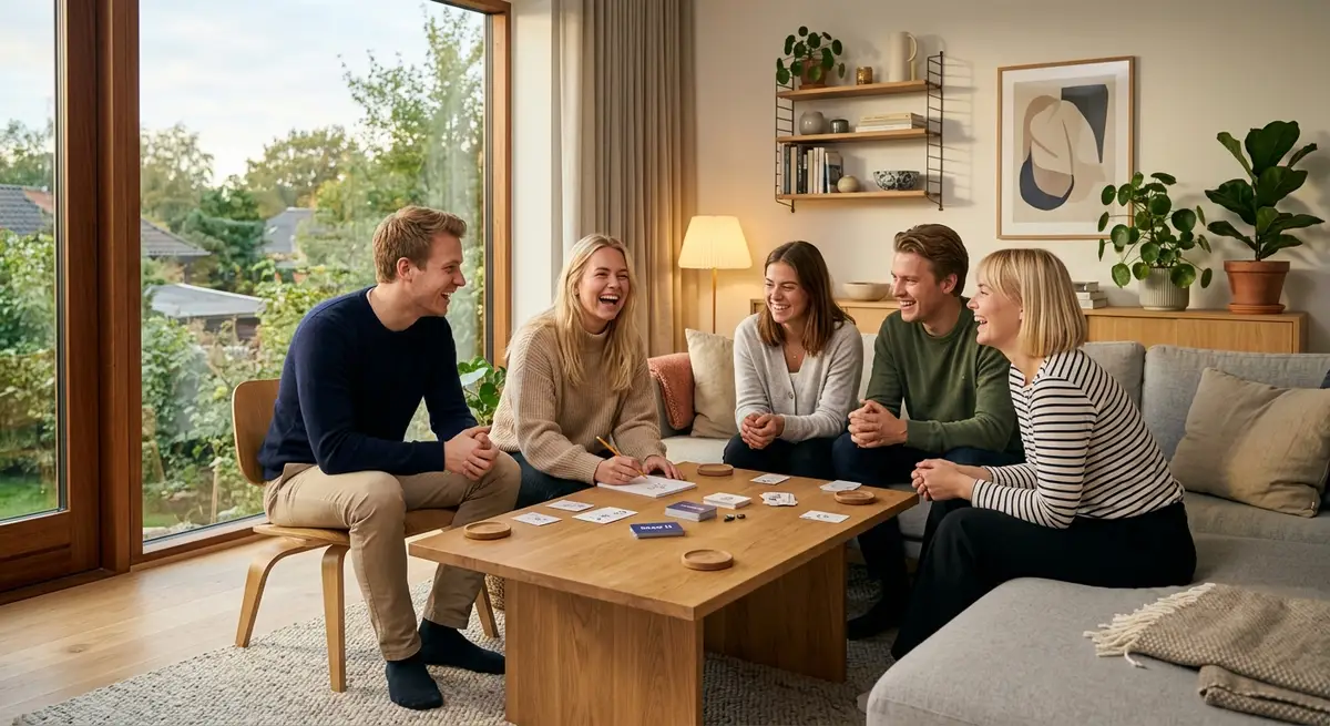 En gruppe glade venner der leger sjove selskabslege i en lys skandinavisk stue