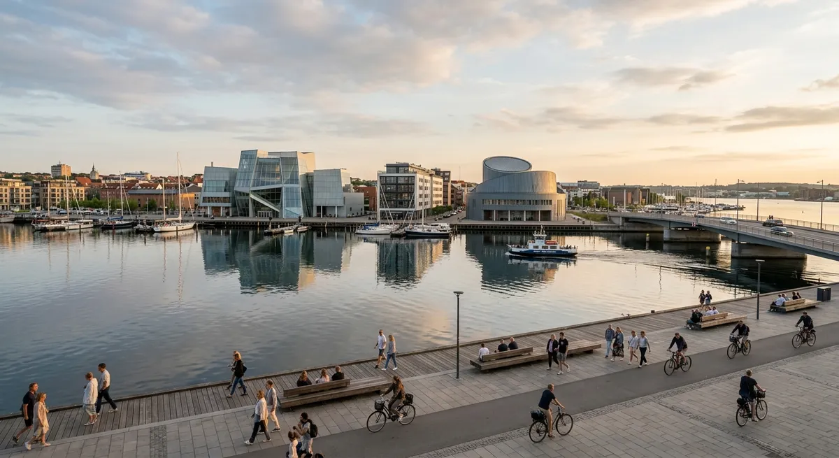 Moderne skandinavisk arkitektur og hyggelig stemning på havnefronten i 9000 Aalborg under det bløde nordiske lys